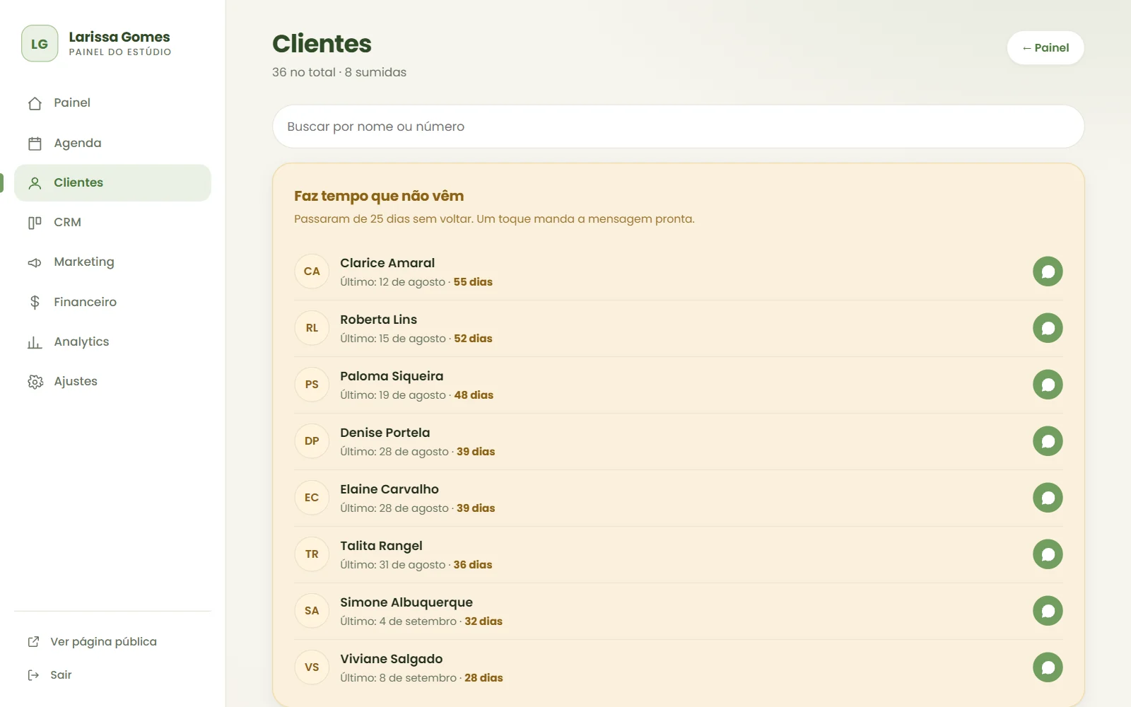Tela Clientes do painel: quem não volta há mais de 25 dias, com mensagem pronta de WhatsApp, e as melhores clientes